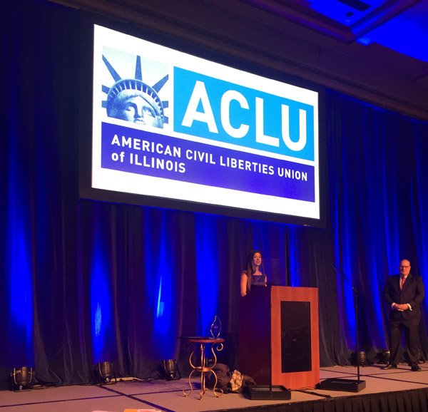 Ari Afsar speaking at the ACLU of Illinois' "Fighting for a Perfect Union" luncheon on March 17.